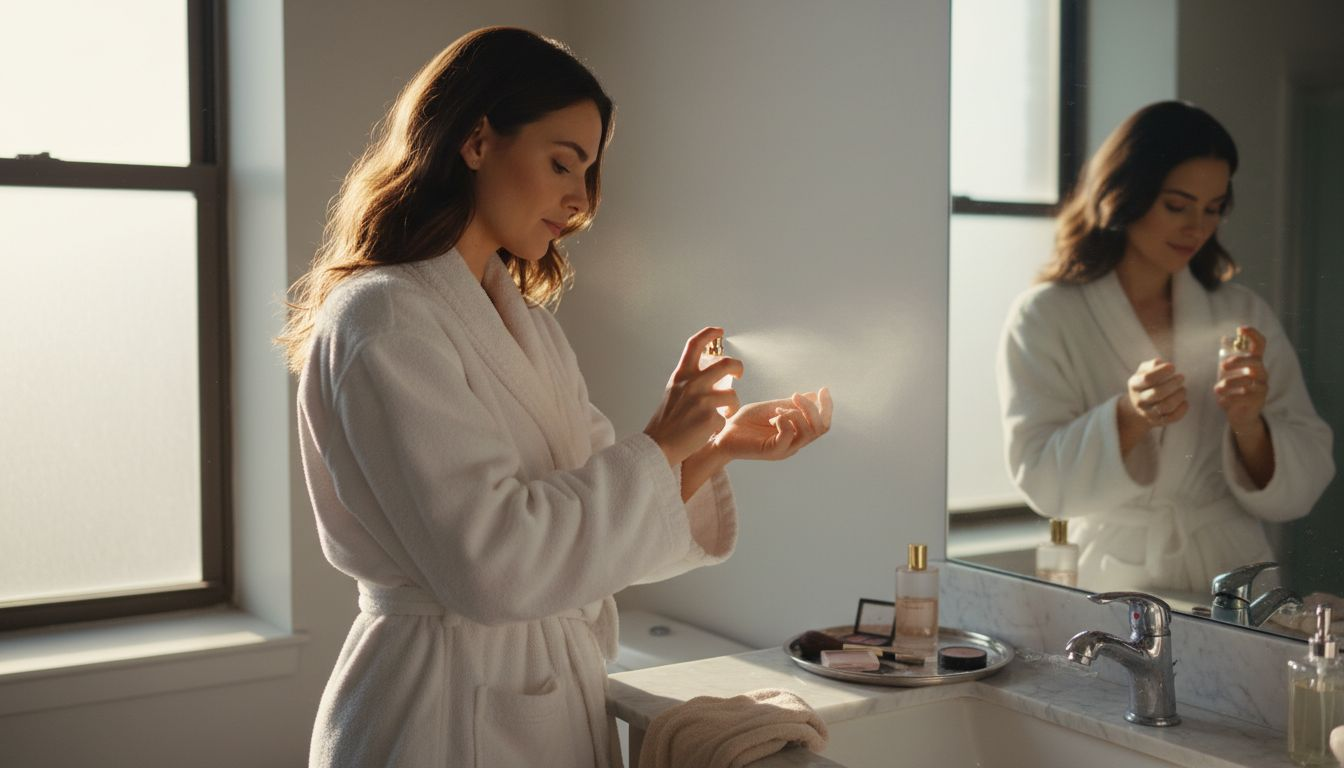 Woman applies perfume in sunlit apartment bathroom