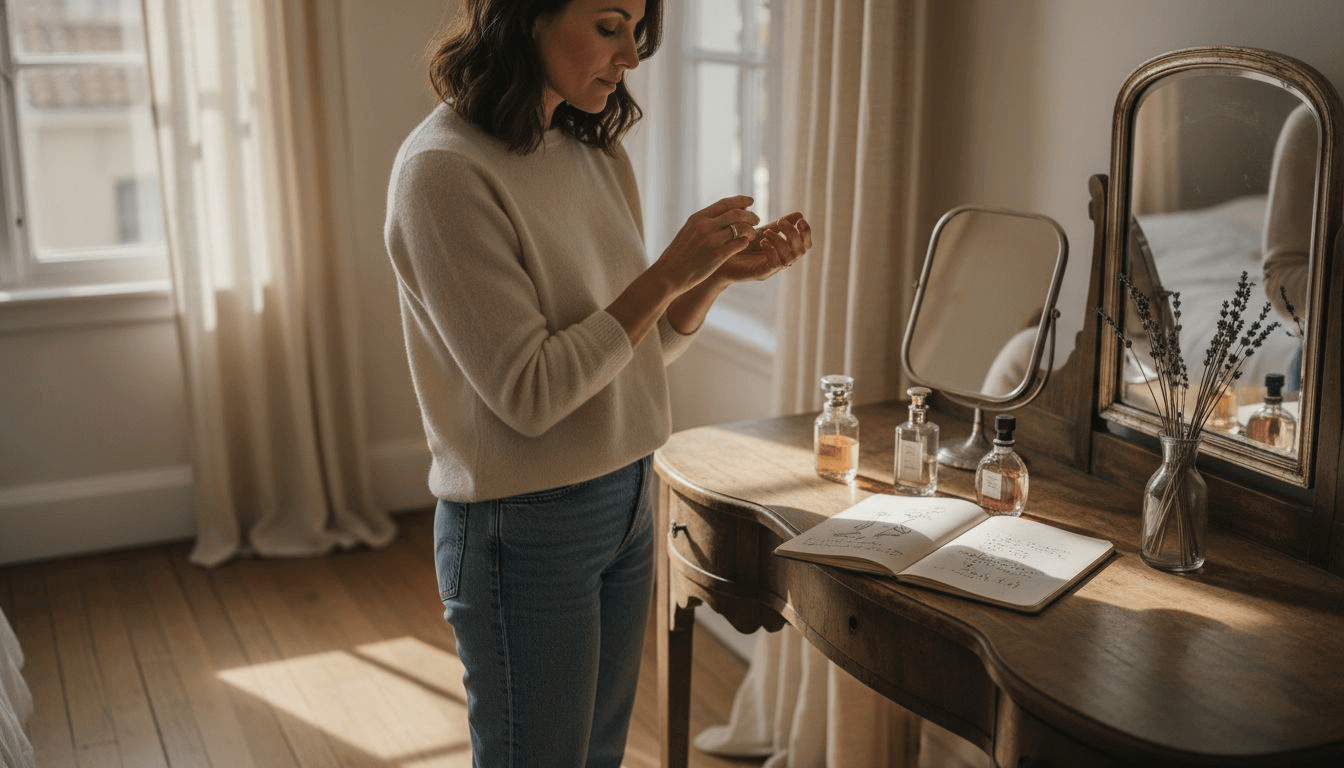 Woman choosing perfume at vintage vanity