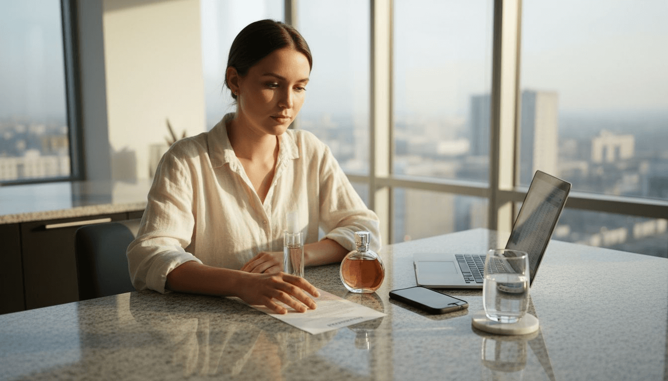 Woman comparing perfume bottles and ingredients