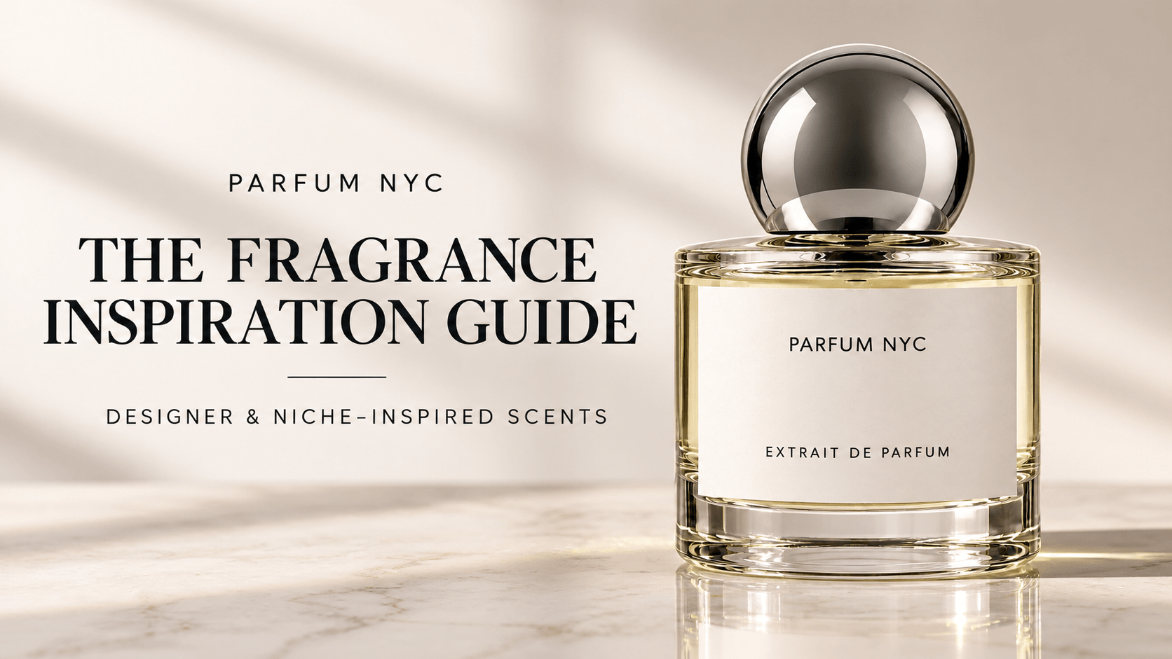 PARFUM NYC extrait de parfum bottle with chrome round cap beside the title Fragrance Inspiration Guide — designer and niche-inspired scents.